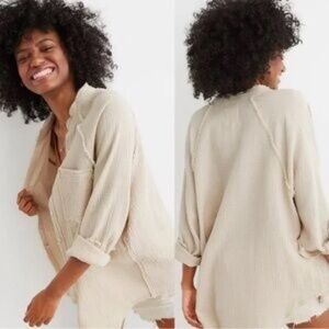 Aerie Oversized Button Down Shirt in Cream Color in Medium Size